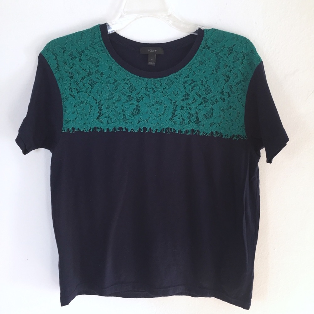 J CREW Navy and Teal Lace Front Tee T Shirt Medium